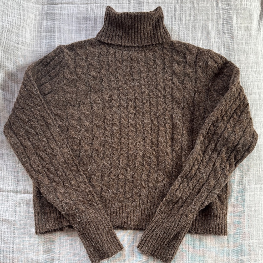 Brown Cable Knit Cropped Turtleneck Sweater